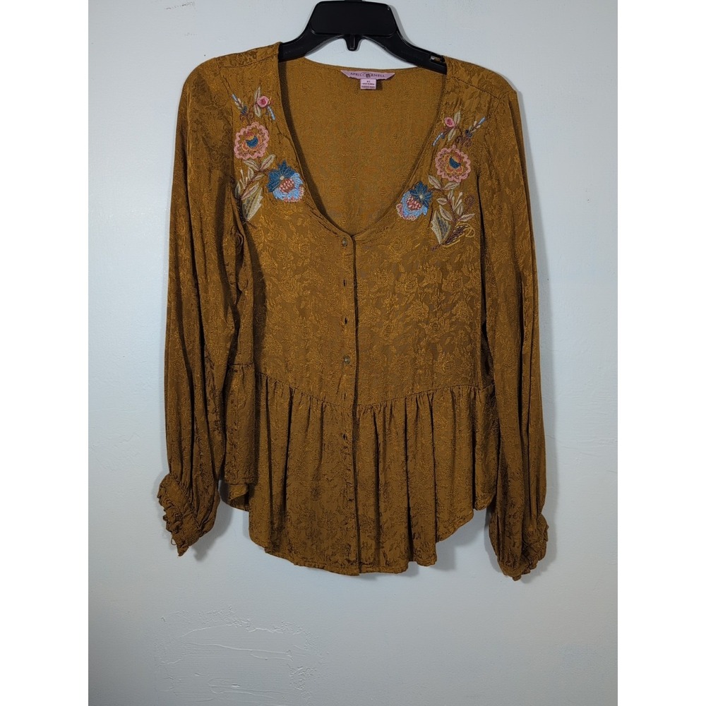 April Cornell Womens XS Gold Floral Embroidered Long Sleeve EUC